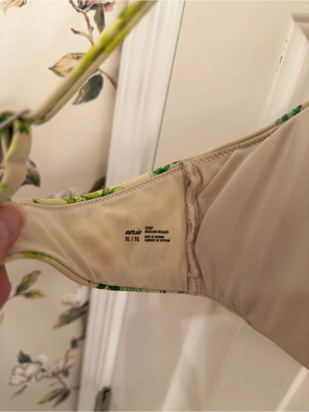 aerie Cream Scoop Bikini Top with Green Floral Print